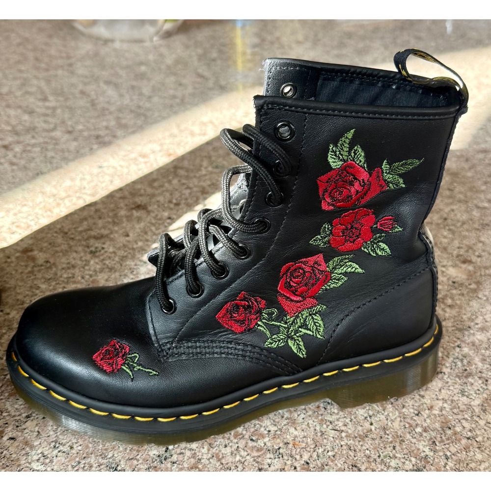 Dr Martens Black Leather Rose Embroidered Combat Boots Women - Picture 4 of 10